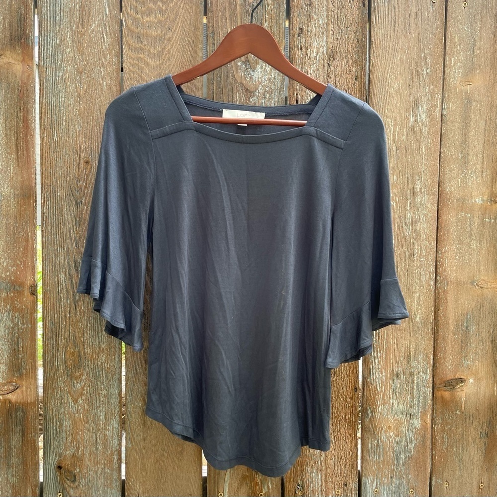 LOFT Women's Gray Square Neck 3/4 Ruffle Sleeve Top Blouse Size Small